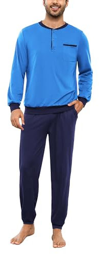 Bresdk Schlafanzug Herren Lang Warm 2-teilige Nachtwäsche Winter Pyjama Set mit Taschen Himmelblau Blau L