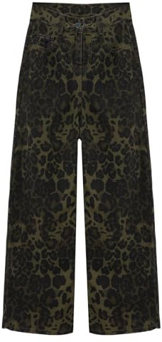 HUOQI Kedera Jeans baggy Barrel pour femme, pantalon décontracté à taille moyenne et motif léopard, jambes larges, vêtement tumbler, a, M