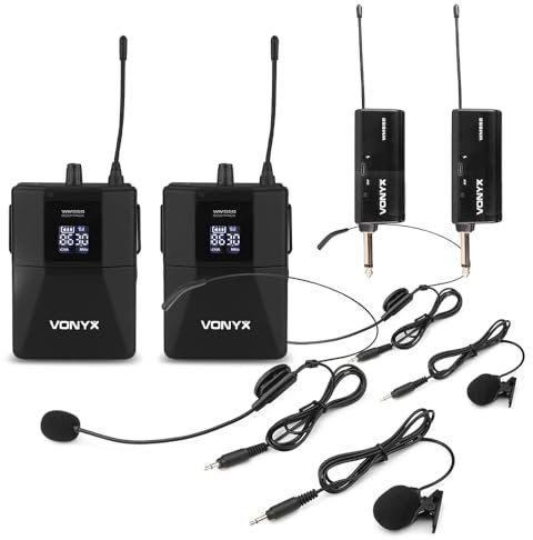 VONYX WM552B Dual UHF Wireless Headset Microphone System, Includes 2 Mic Headsets & 2 Lapel Lavalier Microphones, 50m Range, Digital Display for Professional Presentations & Performances