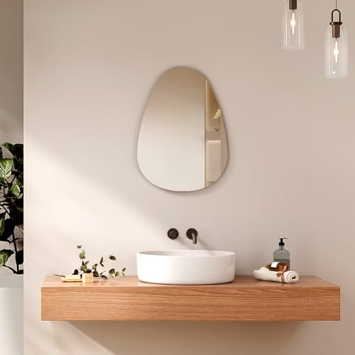 EMKE Bathroom Mirror 450x600mm, Asymmetrical Frameless Wall Mounted Mirror, Irregular Decorative Wall Mirror for Bathroom, Living Room and Dressing Room