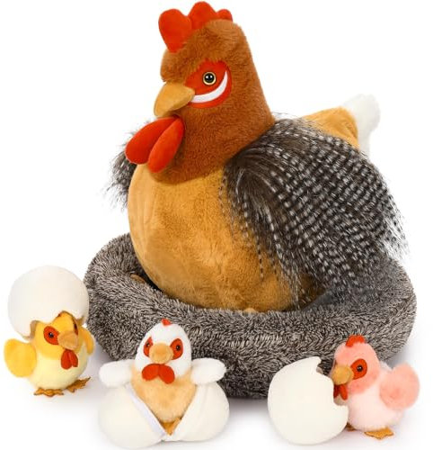 MorisMos 37cm hoch riesen Hahn Kuscheltier XXL, groß Hahn Stofftier XXL mit 3 Küken Baby im Ei, chickenteddy Plüsch-Chicken küken im Korb,Geschenk Kinder