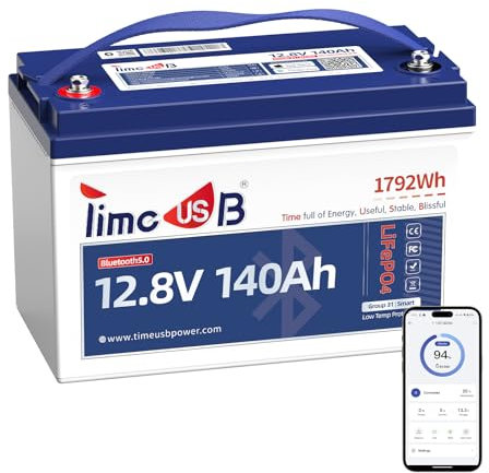 Timeusb Bateria Litio 12V 140Ah Bluetooth,150A BMS y 15000 Ciclos,Bateria Lifepo4 con Protección de Corte por Baja Temperatura,para Autocaravana, Barcos, Motores de Arrastre y Sistemas Solares