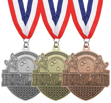 PATIKIL Bowling-Spiele Auszeichnungsmedaillen Gold/Silber/Kupfer 3 Stück | Gewinnermedaillen mit roten & weißen & blauen Bändern Gold Silber Bronze Preise für Wettbewerbe Sportparty