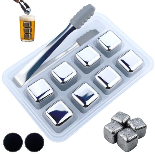 Eiswürfel wiederverwendbar,Eiswürfel Edelstahl, Eingefroren Eiswürfel, wiederverwendbare eiswürfel Steine set inkl Zange 8er Ice Kühlsteine für Wein, Getränkesaft, mit 2 Untersetzer