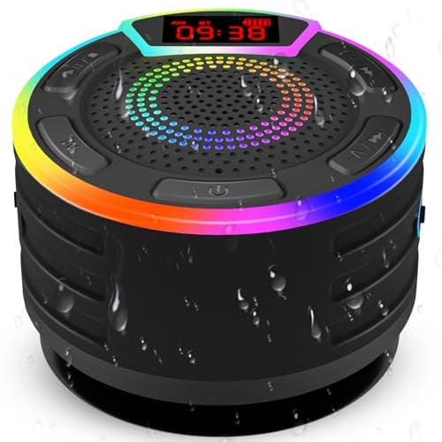 IPX7 Waterproof Shower Speaker, Portable Bluetooth Speaker with LED Display, Suction Cup, Lanyard, Lights Show, Party Speakers for Home Travel Outdoors
