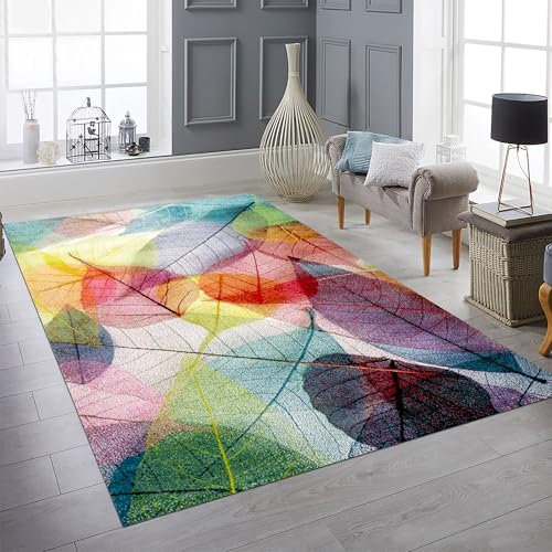 Teppich-Traum Teppich Wohnzimmer Schlafbereich Arbeitszimmer Büro pflegeleicht strapazierfähig Mehrfarbig farbecht mit Laubmuster in Bunt, 140 x 200 cm