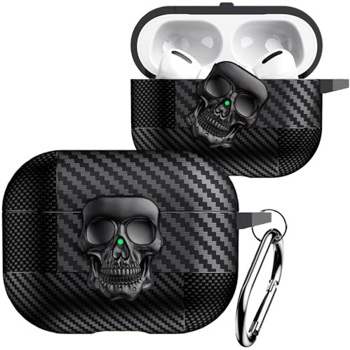 Fofvccv Coque AirPods Pro 2 en Fibre de Carbone – Étui de Protection 3D Tête de Mort Maléfique avec Mousqueton Housse Antichoc Cover Compatible avec AirPods Pro 2.Skull Black