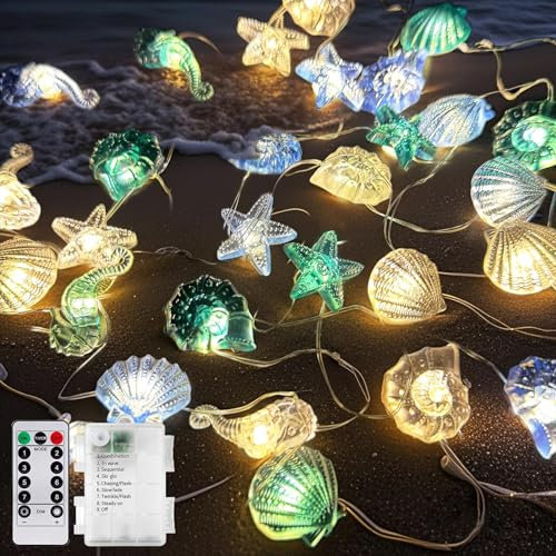 TZEKING 3 m 30 LED Ozean-Lichterkette mit Fernbedienung, batteriebetrieben, mit 8 Blinkmodi, für Badezimmer, maritime Dekoration