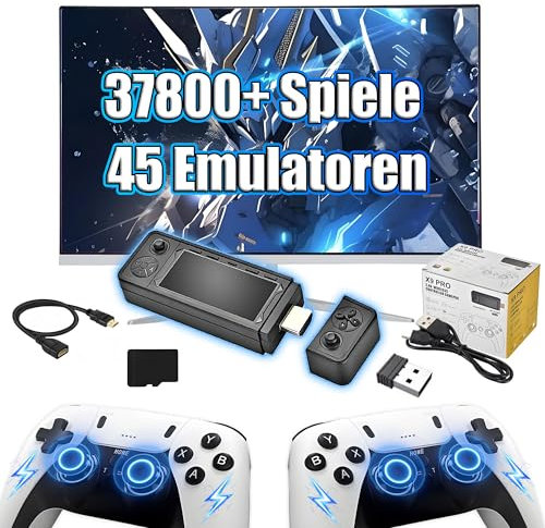 X9 Pro Retro Konsole Spielkonsole mit Wiederaufladbarem Griff,37800+ Spiele 45 Emulatoren 4K Game Stick für TV,Emuelec 4.3 System,Spiele suchen,Tragbare Videospielkonsolen,Plug and Play (64G)