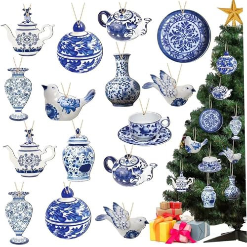 40Pcs Chinoiserie Double Sided Wooden Christmas Tree Ornaments Blue and White Porcelain Hanging Decor Teapot Santa Pendants Holiday Decorations
