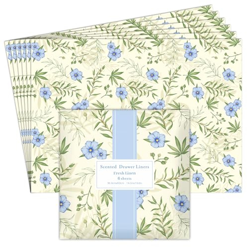 DERDUFT Linen Scented Drawer Liners for Drawer Bedroom 6 Sheets 50 × 36.5cm | Fragrant Drawer Liners, Drawer Fresheners, Lining Paper for Wardrobe, Shelf, Cupboard, Closet, Shelves, Clothes, Dresser