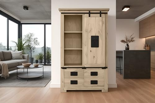 SAM Highboard Libro III 90x45x150 cm, Akazie Eiche, Hochschrank | mit Holzschiebetür, je 4 Schubladen & 6 offenen Fächern, Griffe & Reling aus Eisen, Akazienholz eichefarben & massiv