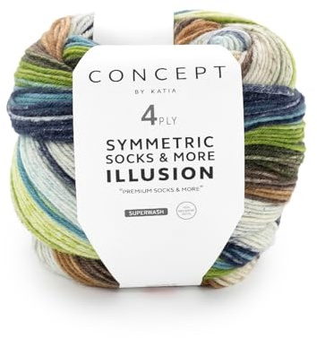 Katia Symmetric Socks & More Illusion, Sockenwolle 4fädig, 320m Farbverlauf, 80g, Nadelstärke 2,5mm, Sockengarn 4-fädig, zwei gleiche Socken stricken (75)