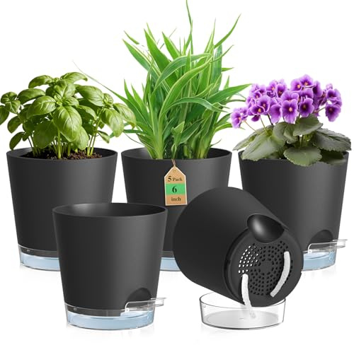 WSMKSZ 15cm Self Watering Pots Indoor Outdoor, 5 Pack Plant Pots, Black