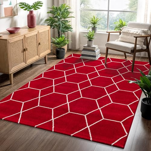 SANAT Wohnzimmerteppich – Pflegeleicht, für jeden Raum geeignet – Öko-Tex zertifizierter Flächenteppich – Trellis Muster, Rot, 240 x 340 cm