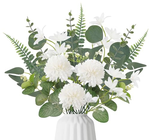 63 Piezas Ramos de Flores Artificiales Hojas y Flores Eucalipto Hortensia | DXLing Falsas Flores Artificiales como Reales Ramas Decorativas para DIY Boda Hogar Arreglo de Mesa - Verde e Blanco