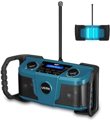 Baustellenradio DAB+ & FM Radio mit Bluetooth 5.0, Akku, IP54 Spritzwasserschutz & Staubdicht, Stereolautsprecher, AUX‑Eingang, Tragbares Digitalradio für Baustelle, Garten & Freizeit (Blau)