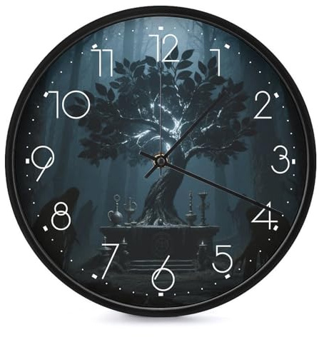 VstaDank Orologio da parete con albero della vita a luce nera, funzionamento a batteria, silenzioso, senza ticchettio, 25,4 cm, decorativo, rotondo, alla moda, orologio classico per casa, soggiorno