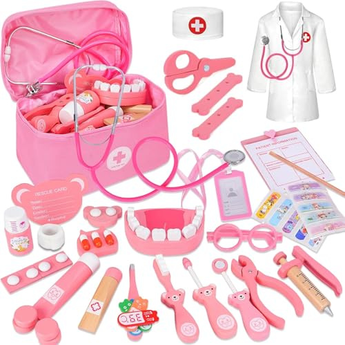 Valigetta Dottore Bambini,Kit Medico per Bambine,kit Dottoressa 3, 4, 5, Kit Medico Giocattolo con Stetoscopio e Camice da Medico, Kit Dottore Bambino,Gioco di Ruolo per bambina Performance - Rosa