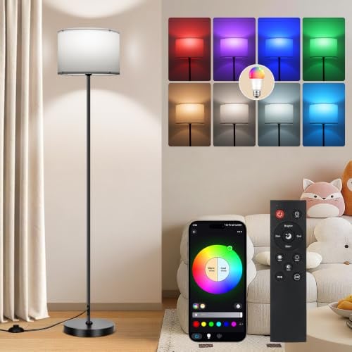 FRIDEKO HOME Stehlampe Wohnzimmer Dimmbar Smart Standleuchte | mit Fernbedienung Musikmodus Schwarz Sockel für Büro Schlafzimmer