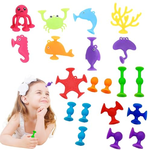 TENGWA Tossit Jeu Ventouse 20 Pièces Silicone Jouet Ventouse Bebe Animaux Marins Jouets de Bain Convient Plus Jouet Voyage Jouet Sensoriel pour Les Enfants 4 à 8 Ans