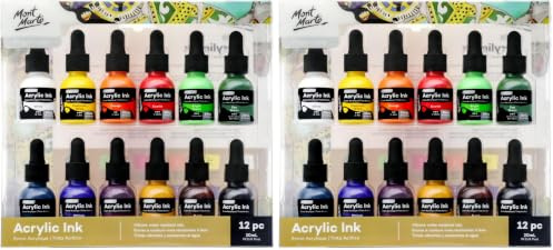 MONT MARTE Acrylic Ink Premium 12pc x 20ml (0.7 US fl.oz), Acrylic Inks for Artists, Essential Colours, Ideal for Air Brush, Pouring Art, Scrapbooking, Ink Drawing, Mixed Media (Pack of 2)