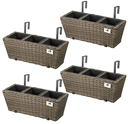 Gartenfreude Jardinières en résine tressée avec Support et Trois Compartiments en Plastique, Couleur Cappuccino, 4 pièces, 47 x 17 x 15 cm