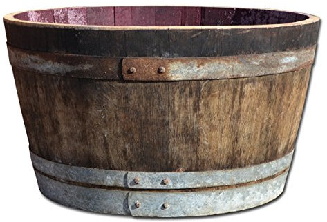 Botte rovere tagliata a metá per utilizzo fioriera oppure piccolo stagno - rustica/arrugginita - (Diametro 70 cm) (senza accessori)