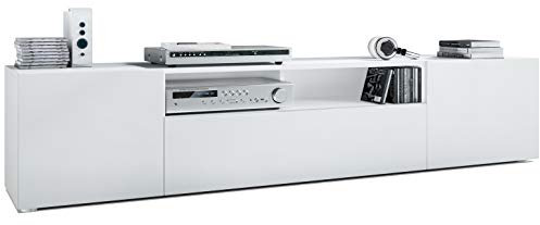 Vladon Lowboard Mogan, TV-Kommode mit 2 Türen, 1 Klappe und 1 offenes Fach, Weiß matt/Weiß matt (181 x 39 x 35 cm)