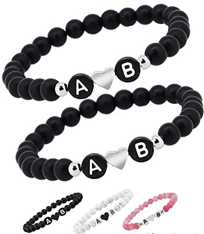 2x Personalisierte Pärchen Namensarmbänder Herz | Partnerarmband couple Edelsteine Onyx, Howlite Cherry quartz 6mm | Perlenarmband individueller Buchstaben Armband A-Z Freundschaftsarmband (WBLVAR21)