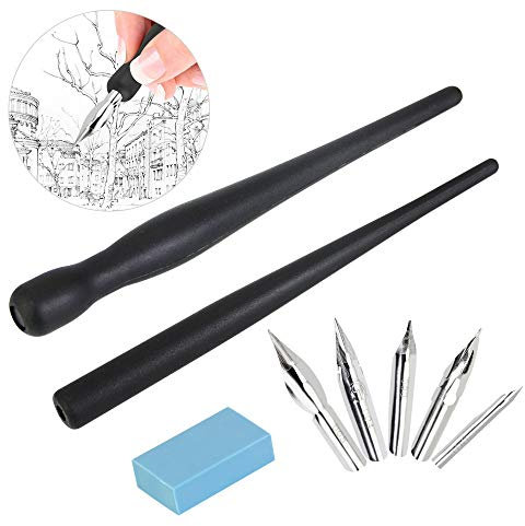 RMENOOR Manga Pen Cartoon Comic Pen Comic Dip Pen Set Nib Drawing Tools with 2 Black Pen Holders 5 Nibs 1 Drawing Eraser for Calligraphy Lettering Sketch Cartoonists Artists