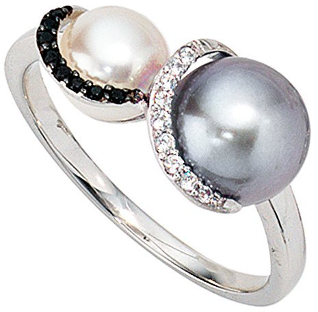 JOBO Damen-Ring aus 585 Weißgold mit 2 Perlen und 17 Diamanten Größe 52