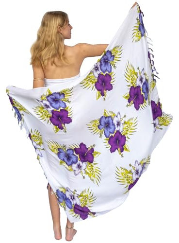 NELUHA Sarong Tuch Damen mit Saronghalter Pareo Wickeltuch Handtuchkleid Wickelrock Damen Strandtuch XXL Tuch Männer Pareo Damen Strandtuch Damen (weiß lila Blume)