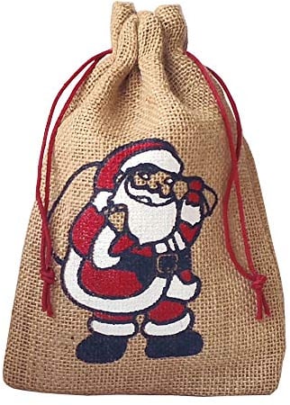 | 3 naturfarbene Jutebeutel, Jutesäcke mit farbigem Weihnachtsmann Motiv, Nikolaus, Geschenkverpackung Weihnachten, Santa Claus, Advent, (50x40 cm)