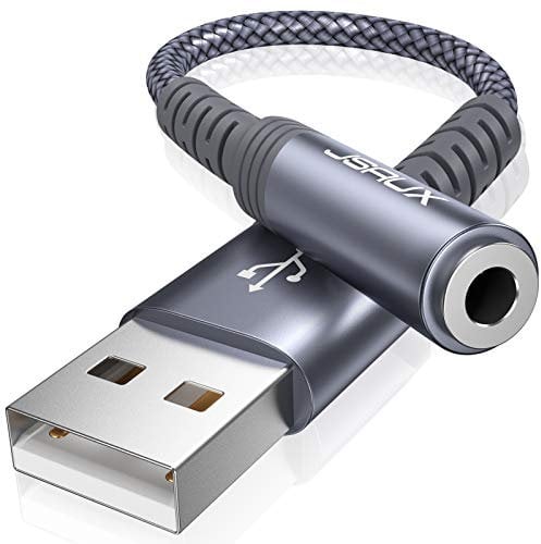 JSAUX USB to 3.5mm Jack Audio Adapter, TRRS 4-pole Stereo External USB Sound Card Aux Headset Microphone Converter with DAC Chip Compatible with Headphone Mac PS4 PC Laptop Desktops -Grey