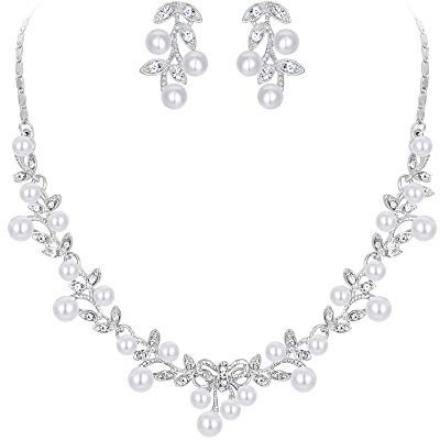 EVER FAITH Kristall Simulierte Perle Hochzeit Blatt Rebe Bowknot Halskette Ohrringe Set Klar Silber-Ton