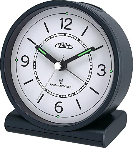PRIM Design Wecker mit zeitgesteuertem Radio, Alarmverstärkung, wiederholter Alarm, Schlummerfunktion, Nacht-Licht, Quarz-Uhrwerk Sweep,102 x 110 x 53 mm, Tisch Dekoration, für Schlafzimmer