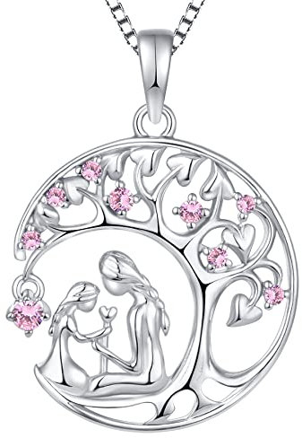 YL Collier Mère et Fille Octobre Pierre de naissance Tourmaline Rose Pendentif Arbre de Vie en Argent 925 pour Femme Maman