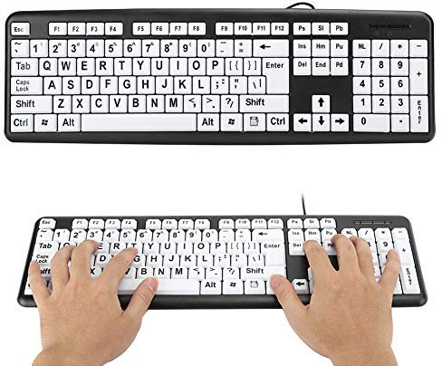 Ejoyous Teclado para Ancianos, Teclado de Presión Grande con Cable USB Teclado de Baja Visión Teclado de 104 Teclas de Letra Grande con Teclas de Presión Grandes Blancas para Ancianos Y Niños(Negro)