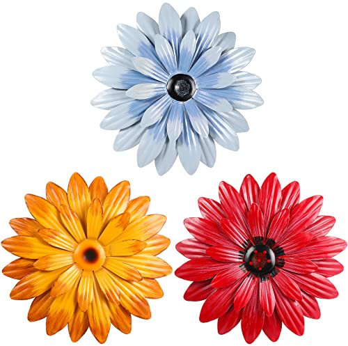 Hotop 3 Stück Metall Blumen Wandkunst 3D Metall Gänseblümchen Blumen Wanddeko Mehrere Schichten Hängende Blumen Rustikal Bauernhaus Boho Stil Dekorationen für Drinnen Draußen, 8 Zoll (Retro)