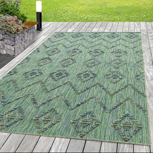 HomebyHome In & Outdoor Wetterfest 200x300 (200x290 cm) Grün, Zickzack Design 3D Effekt - Balkon Teppich Wasserfest, Kurzflor, Flachgewebt - Ideal für Küche, Garten, Camping und Terrasse