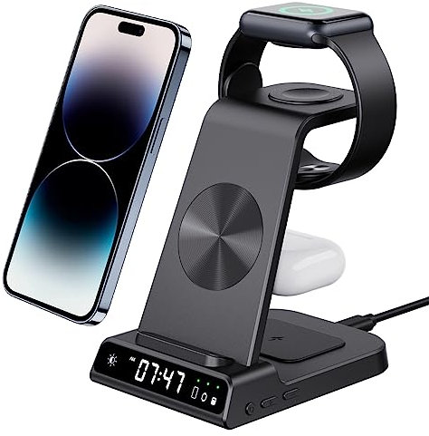 3 in 1 Ladestation Apple Watch und iPhone mit Digitaluhr, Schnelles Kabellose Ladestation für iPhone 16/15/14/13/12 Series, Charging Station für Air pods 3/2, Ladegerät für iWatch 10