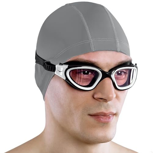 AqtivAqua Swimming Goggles Adult and Kids Goggles Kids 6-14 Men Women Swim Children Boys Girls DX-H (Black&White frame, Black case, Photochromic lens)
