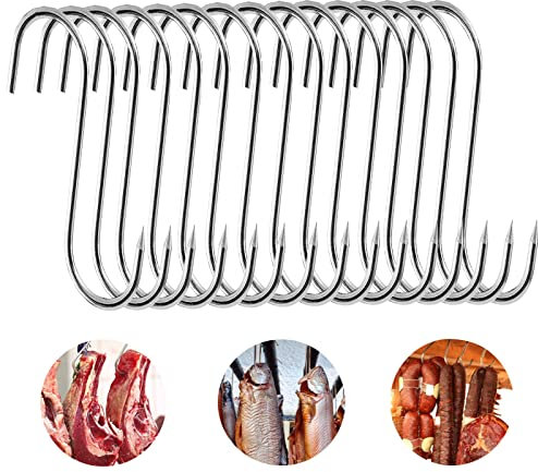 15 ganci da macellaio da 15 cm, in acciaio inox, da cucina, con estremità a punta, robusti e durevoli per affumicare, lavorazione della carne, barbecue
