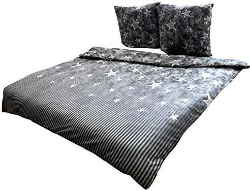 Leonado Vicenti Fleece Bettwäsche 200x220 cm 3 TLG Galaxy Sterne Anthrazit Grau Gestreift Warme Winter Garnitur mit Reißverschluss