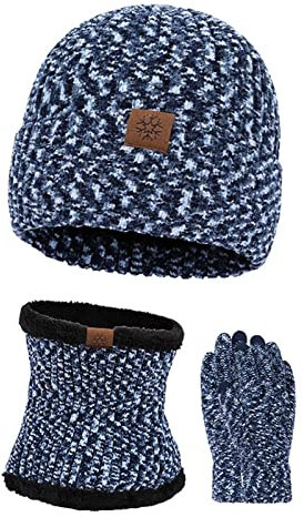 Mutze Schal Set Damen Blau, Winter Warm Gestrickt Schal Beanie Mütze und Handschuhe Set Männer & Frauen Soft Stretch Mütze Schal und Fäustlinge Set