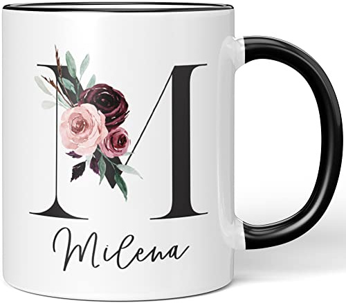 JUNIWORDS Tasse, Milena, Name Anfangsbuchstabe Initial Alphabet Floral Buchstabe M Monogramm Motiv, Schwarz (5589353)