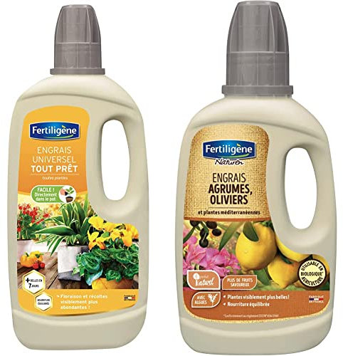 Fertiligène Engrais Universel Tout Prêt, 1L & Engrais Agrume Olivier et Plante Méditerranéenne Bio, 400 ML