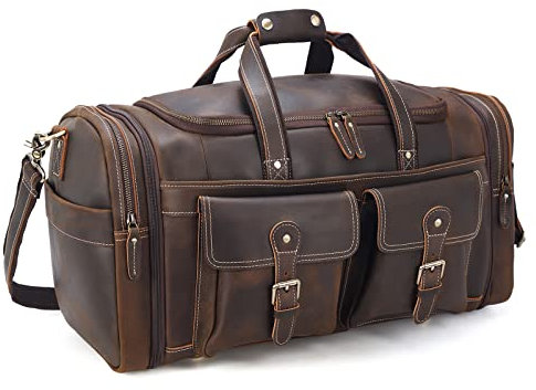 Compalo 58,4 cm erweiterbare Reisetasche für Herren, großes Vollnarbenleder, Übernachtung, Fitnessstudio, Sport, Wochenende, Handgepäcktasche, Braun, Retro