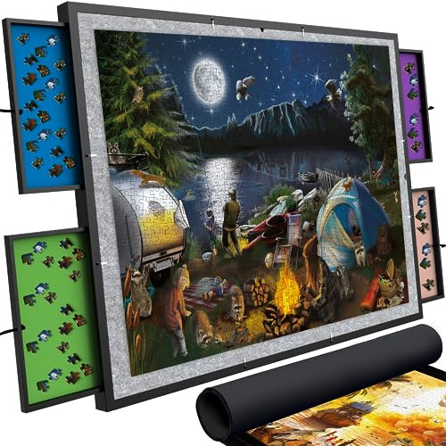 QUOKKA Puzzlebrett mit Schubladen – Drehbarer Puzzletisch mit Abdeckung für Erwachsene – 4 magnetisierte Aufbewahrungsschubladen – Premium-Filz – Winkel & Position anpassen – passend für Puzzles bis